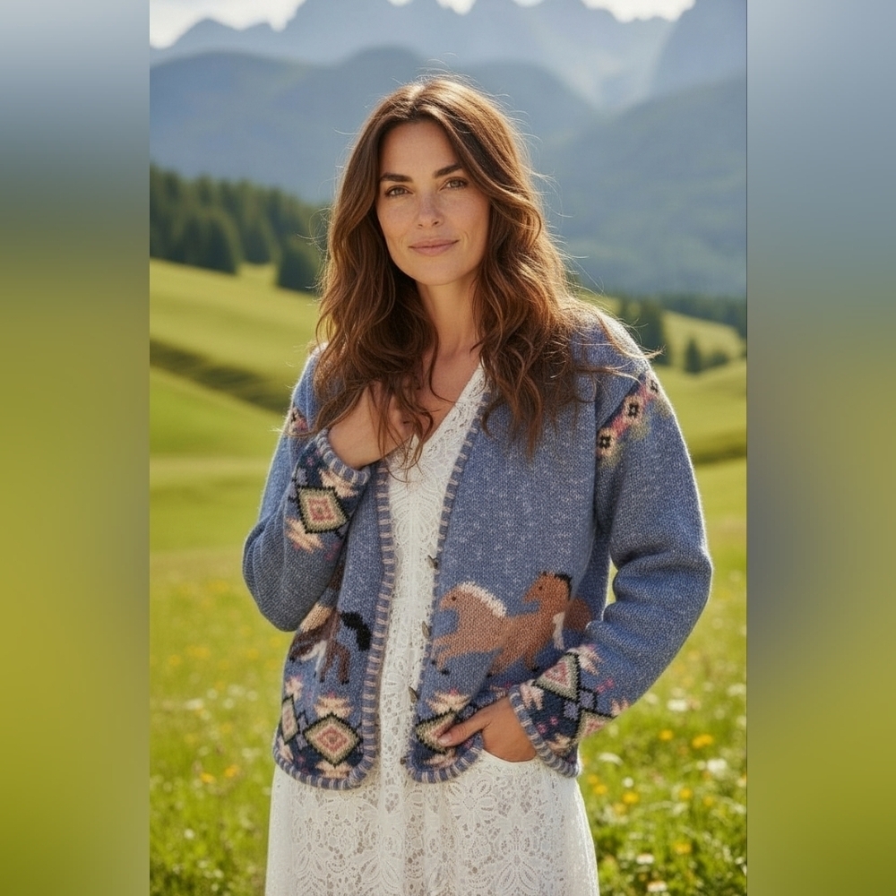 Vintage Linen Icelandic Design Horses Button Cardigan Size M